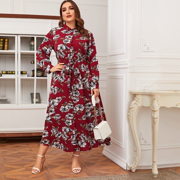 

Plus Botanical Print Belted Shirt Dress, Multicolor