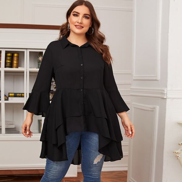 

Plus Bell Sleeve Layered Dip Hem Blouse, Black