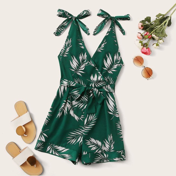 

Belted Tropical Print Surplice Front Romper, Dark green