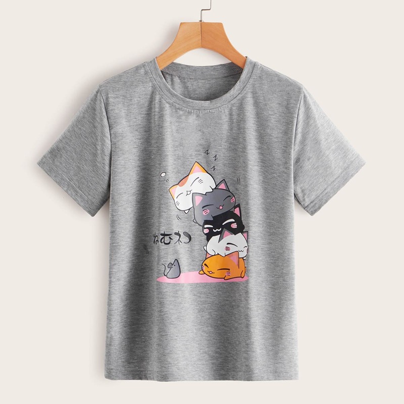 

Cats Cartoon Graphic Round Neck Tee, Grey