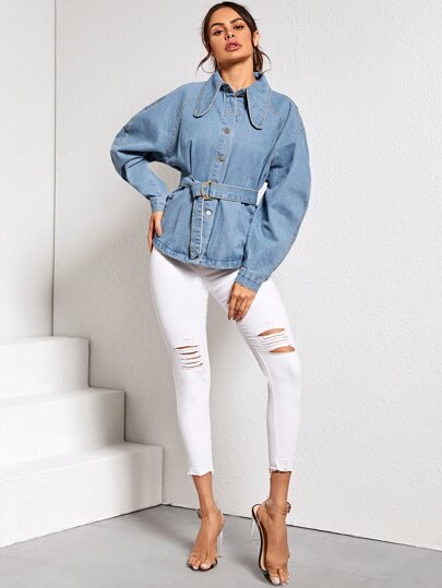 Spearpoint Collar Belted Button Up Denim Jacket