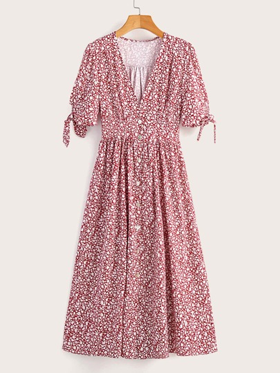 Ditsy Floral Print Knot Cuff Button Dress