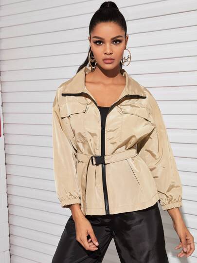 Zip Up Double Pocket Belted Windbreak Jacket