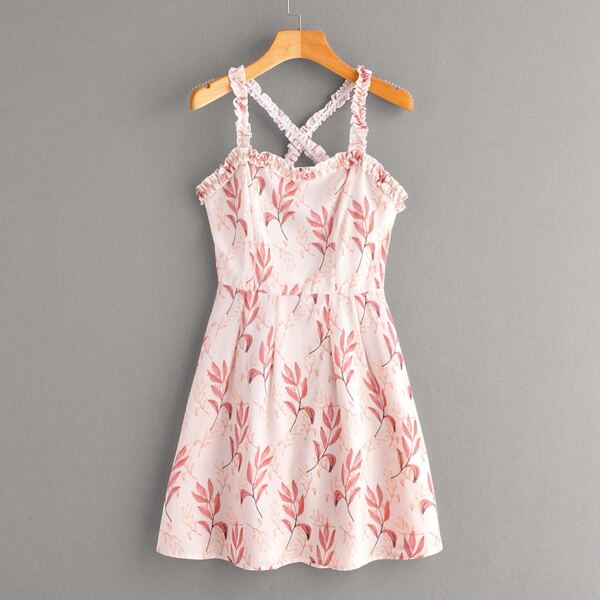 

Lettuce Frill Criss Cross Leaf Print Dress, Multicolor