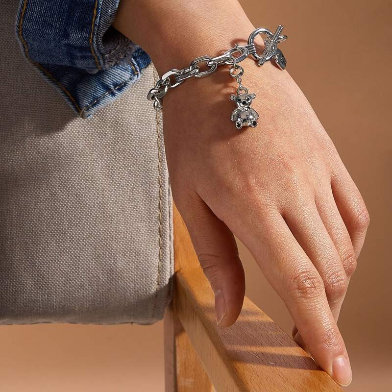 

1pc Bear & Cross Charm Chain Bracelet, Silver