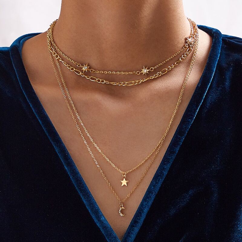 

1pc Star & Moon Charm Layered Necklace, Gold
