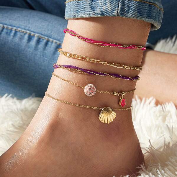

5pcs Shell & Flower Charm Anklet, Multicolor