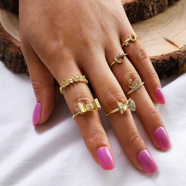 

6pcs Rhinestone Engraved Bow Knot & Crown Decor Ring, Gold