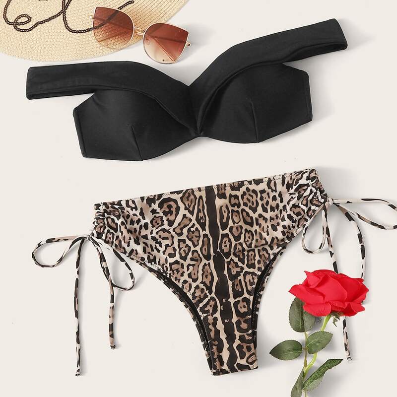 

Underwire Top With Leopard Tie Side Bikini Set, Multicolor