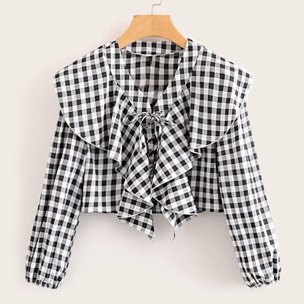 

Lace Up Ruffle Gingham Blouse, Black and white
