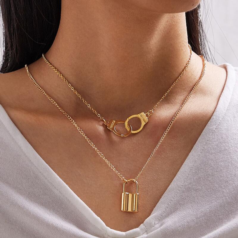 

1pc Lock & Link Charm Necklace, Gold
