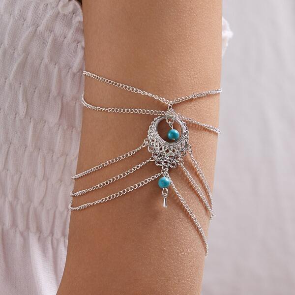 

1pc Turquoise Decor Layered Arm Bracelet, Silver
