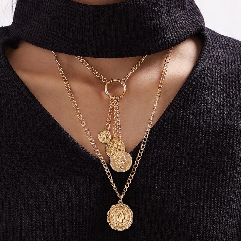

1pc Coin Charm Layered Necklace, Gold