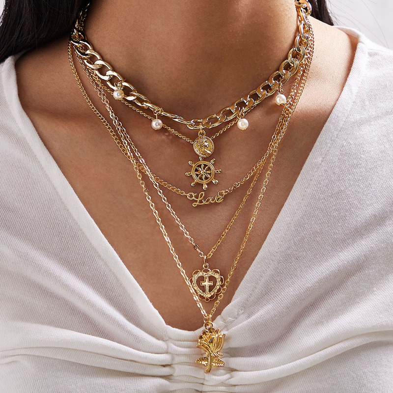 

1pc Cross & Flower Charm Layered Chain Necklace, Gold
