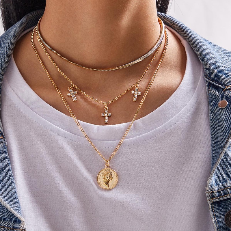 

1pc Rhinestone Engraved Cross & Coin Charm Layered Necklace, Gold