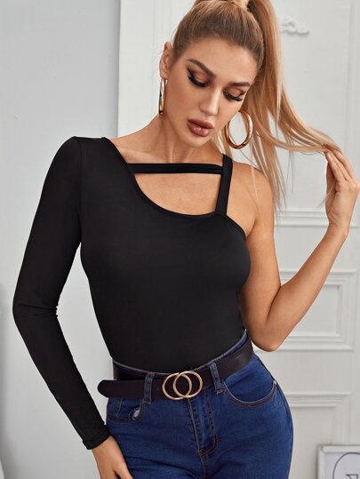 Asymmetrical Neck Solid Slim Tee