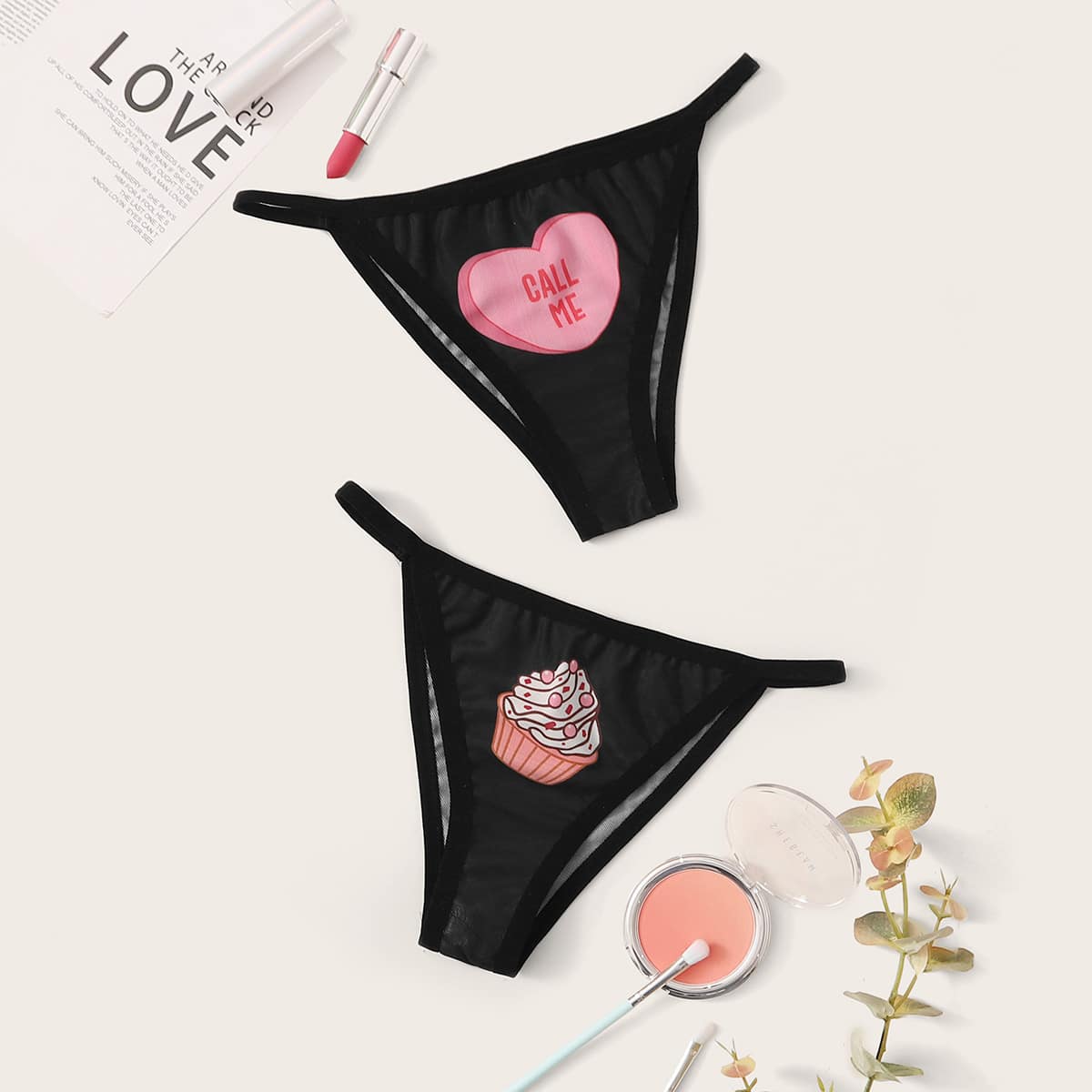 

2pack Heart & Ice Cream Print Panty Set, Black