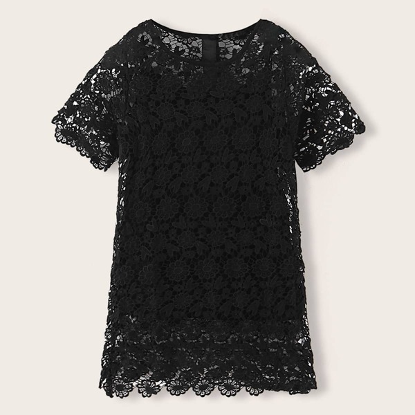 

Guipure Lace Lined Solid Tee, Black
