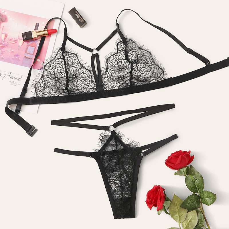 

Ring Linked Eyelash Lace Harness Lingerie Set, Black