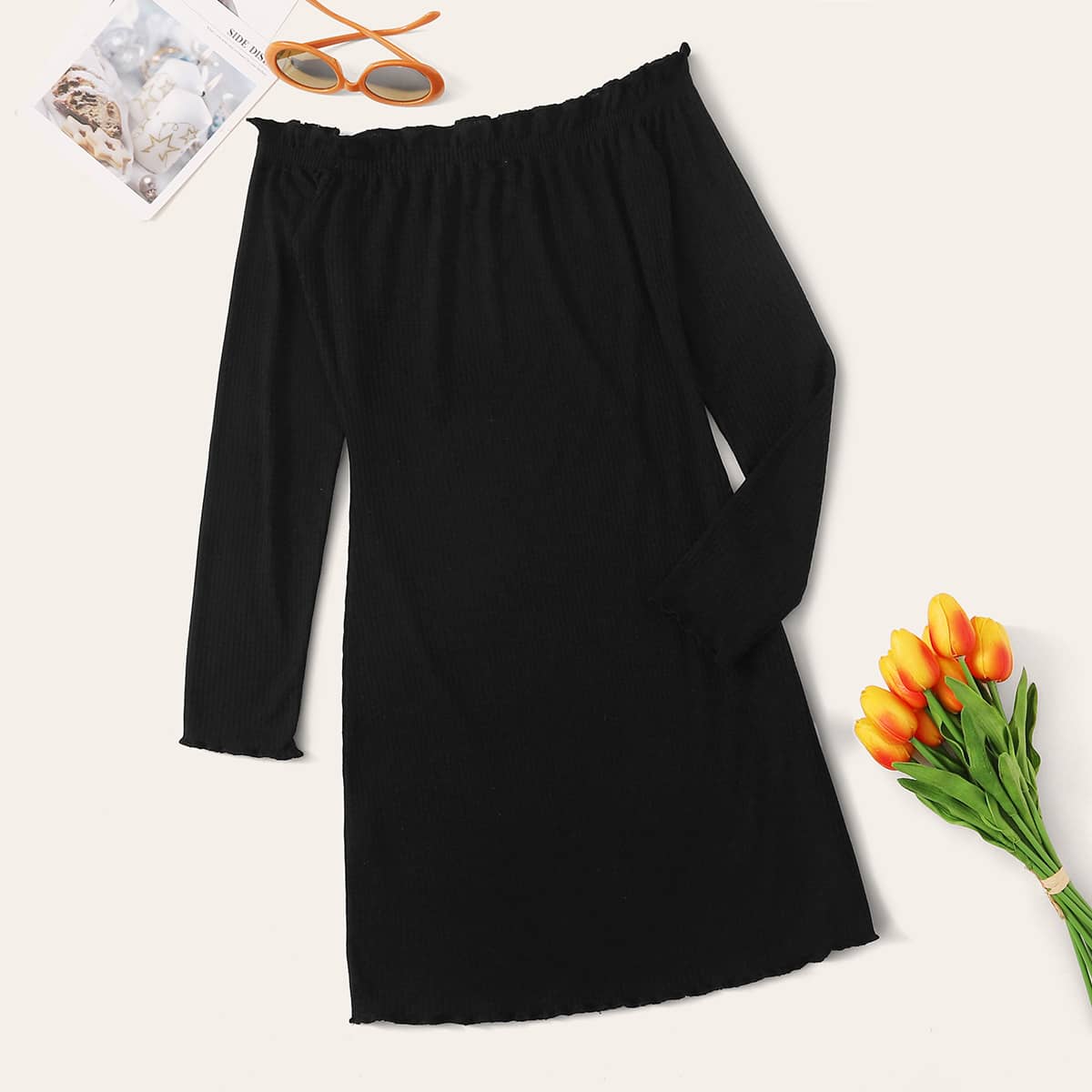

Solid Lettuce Trim Bardot Dress, Black