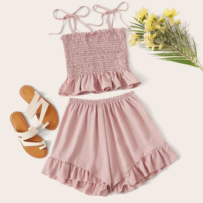 

Shirred Ruffle Hem Knotted Cami Top & Shorts, Pink