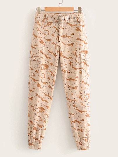 Graphic Print Flap Pocket Detail Belted Cargo Pants