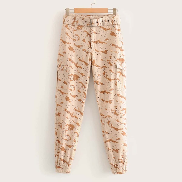 

Graphic Print Flap Pocket Detail Belted Cargo Pants, Khaki