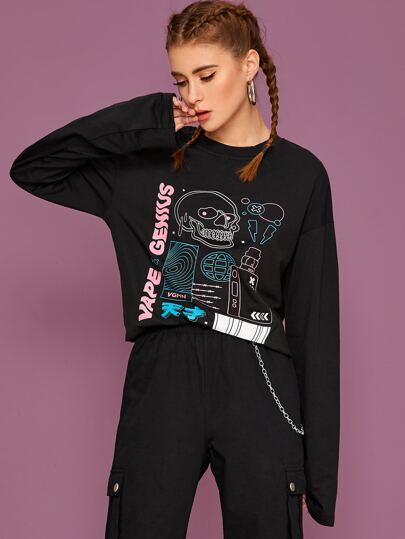 T-Shirt mit Skelett & Buchstaben Muster und langen Ärmeln