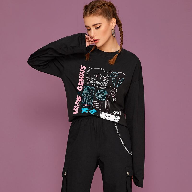 

Skeleton & Letter Graphic Long Sleeve Tee, Black