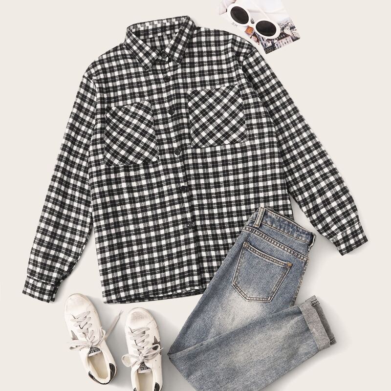 

Plaid Print Button Through Blouse, Black and white