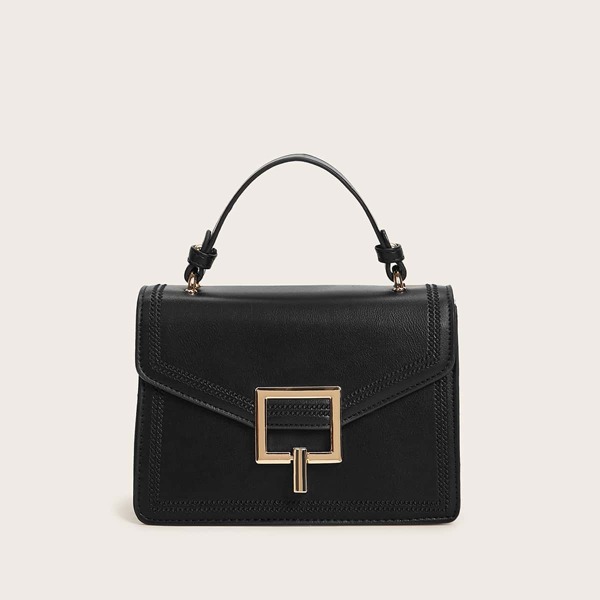 

Metal Lock Flap Satchel Bag, Black