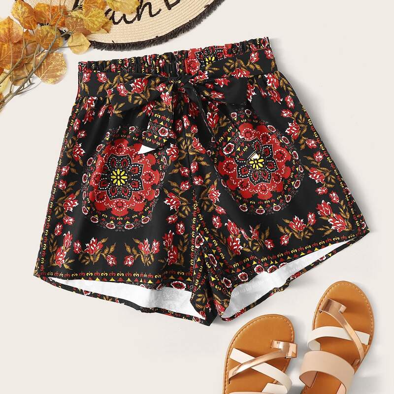 

Floral Print Self Tie Shorts, Multicolor