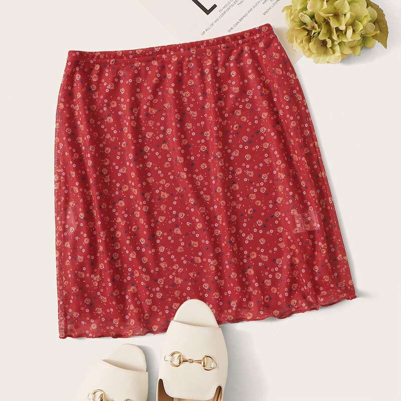 

Ditsy Floral Elastic Waist Skirt, Red