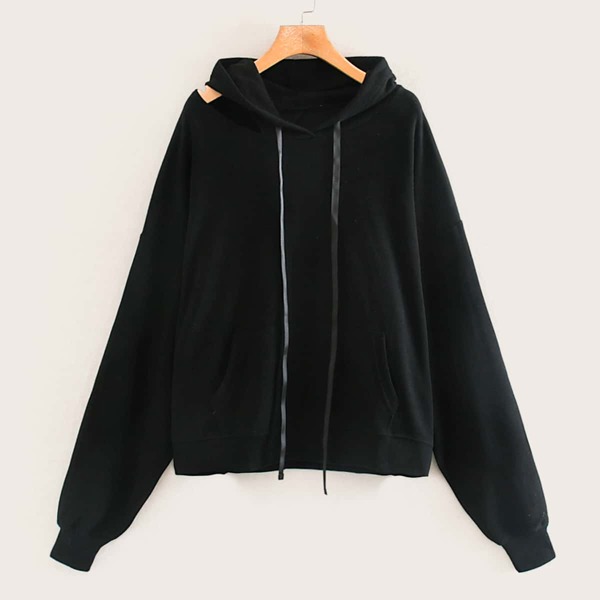 

Double Pocket Drawstring Detail Hoodie, Black