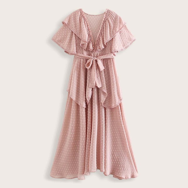 Swiss Dot Ruffle Trim Belted Dress, Pink