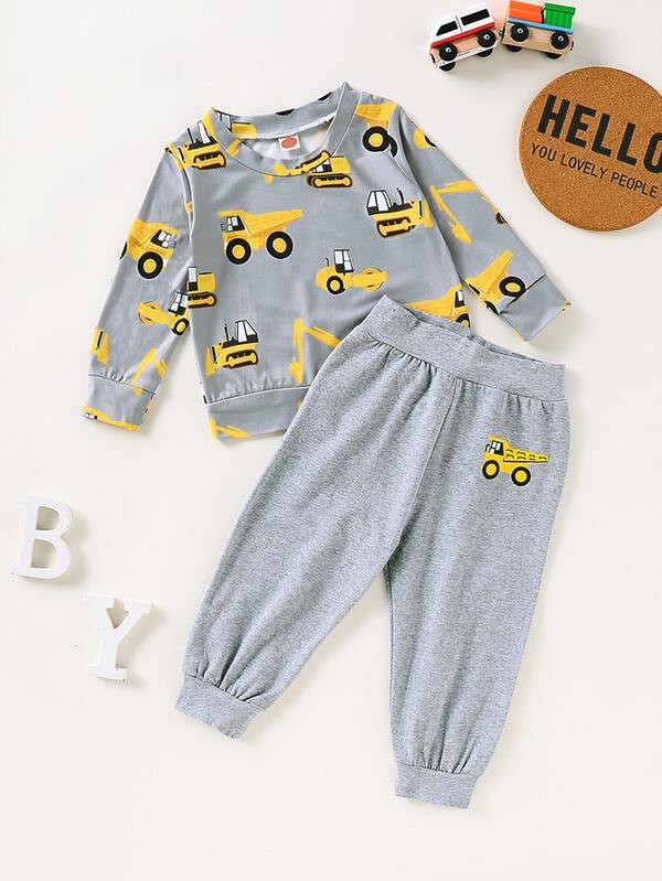 Sudadera De Bebe Nino Con Estampado De Retroexcavadora Con Pantalones Joggers Moda De Mujer Shein Mexico