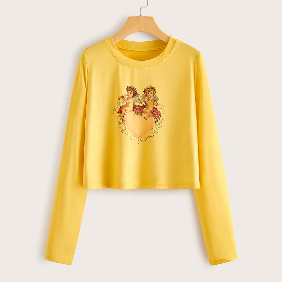 

Angle & Heart Print Long Sleeve Tee, Yellow
