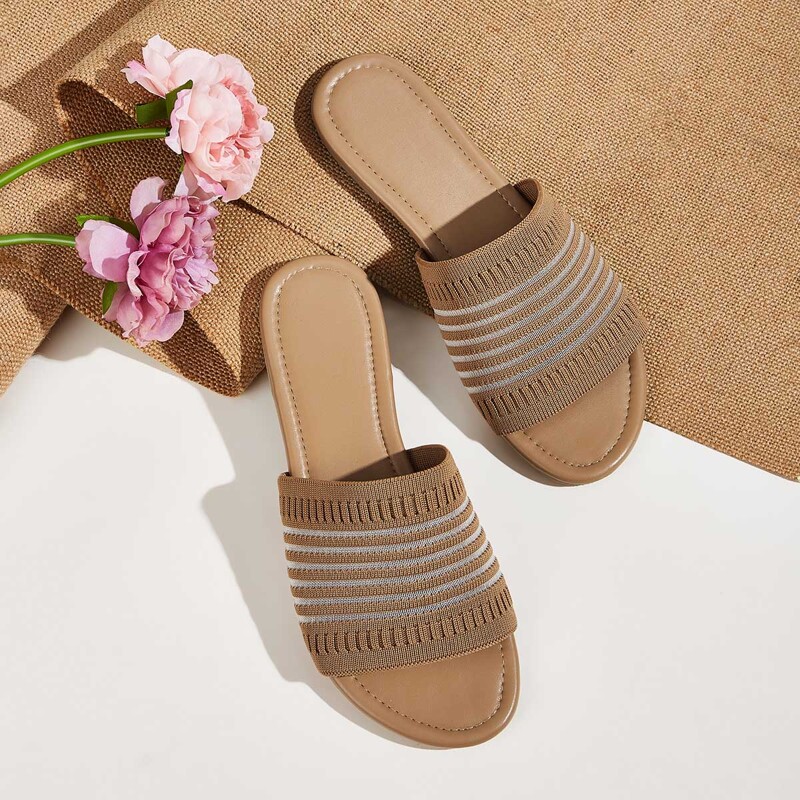 

Open Toe Striped Sliders, Brown
