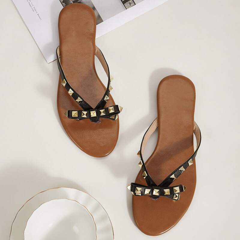 

Studded Decor Toe Post Sliders, Black