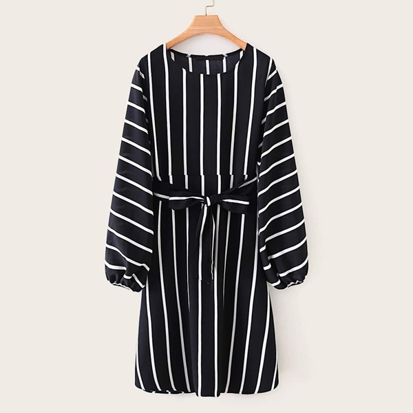 

Colorblock Striped Self Belted Dress, Black