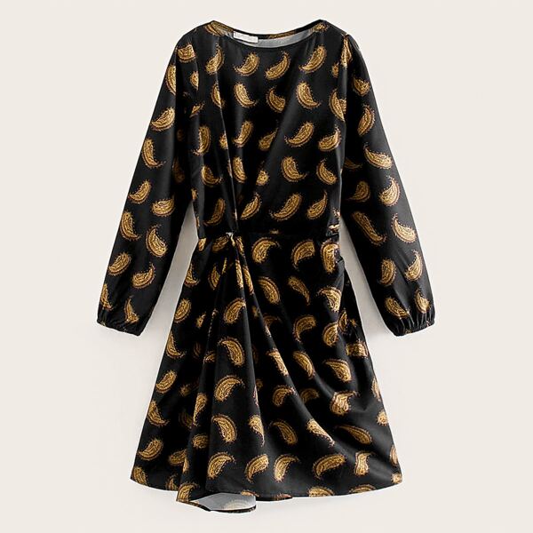 

Paisley Print Ruched A-line Dress, Black