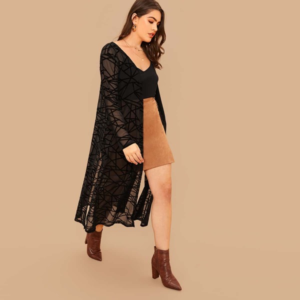 

Plus Split Side Flocked Geo Mesh Kimono, Black