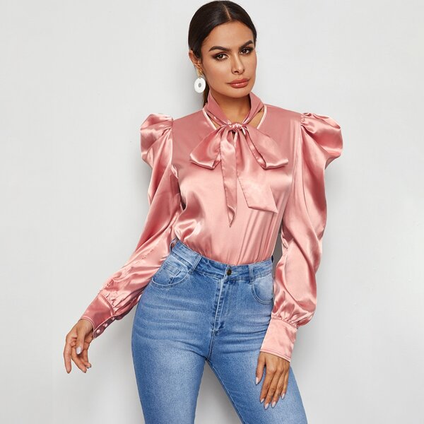 

Tie Neck Gigot Sleeve Satin Top, Pink pastel