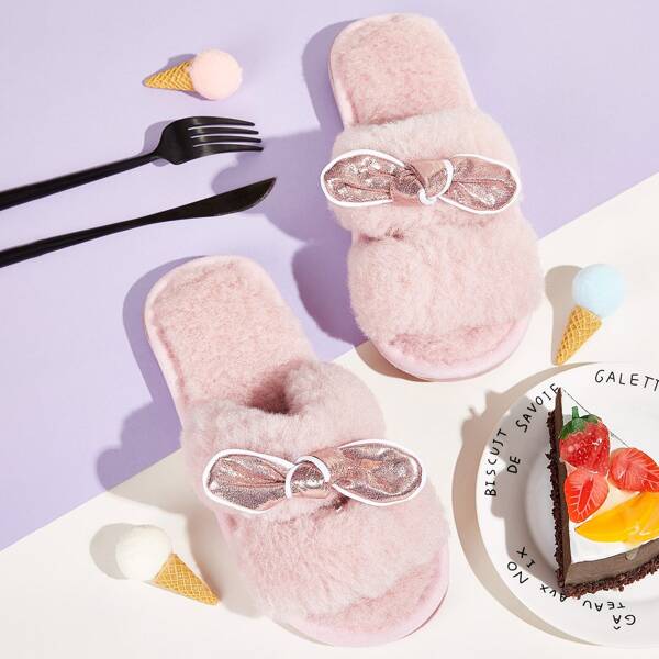 

Bow Decor Fluffy Slippers, Pink