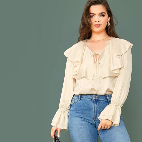 

Plus Tie Neck Layered Cuff Ruffle Detail Satin Blouse, Beige