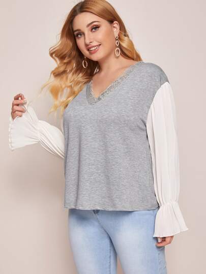 Plus Two Tone Contrast Lace Tee
