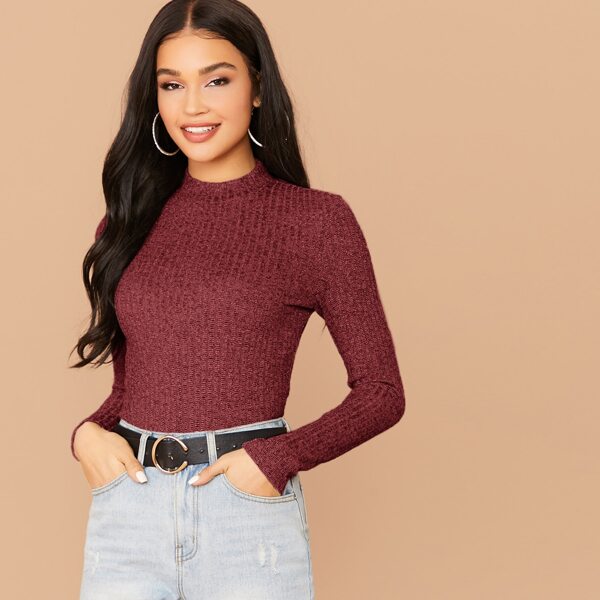 

Mock-Neck Rib-knit Glitter Top, Burgundy
