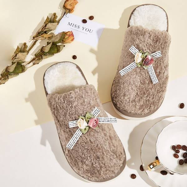 

Floral Decor Fuzzy Slippers, Khaki