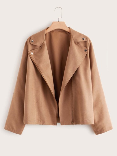 Plus Lapel Neck Zip Up Suede Jacket