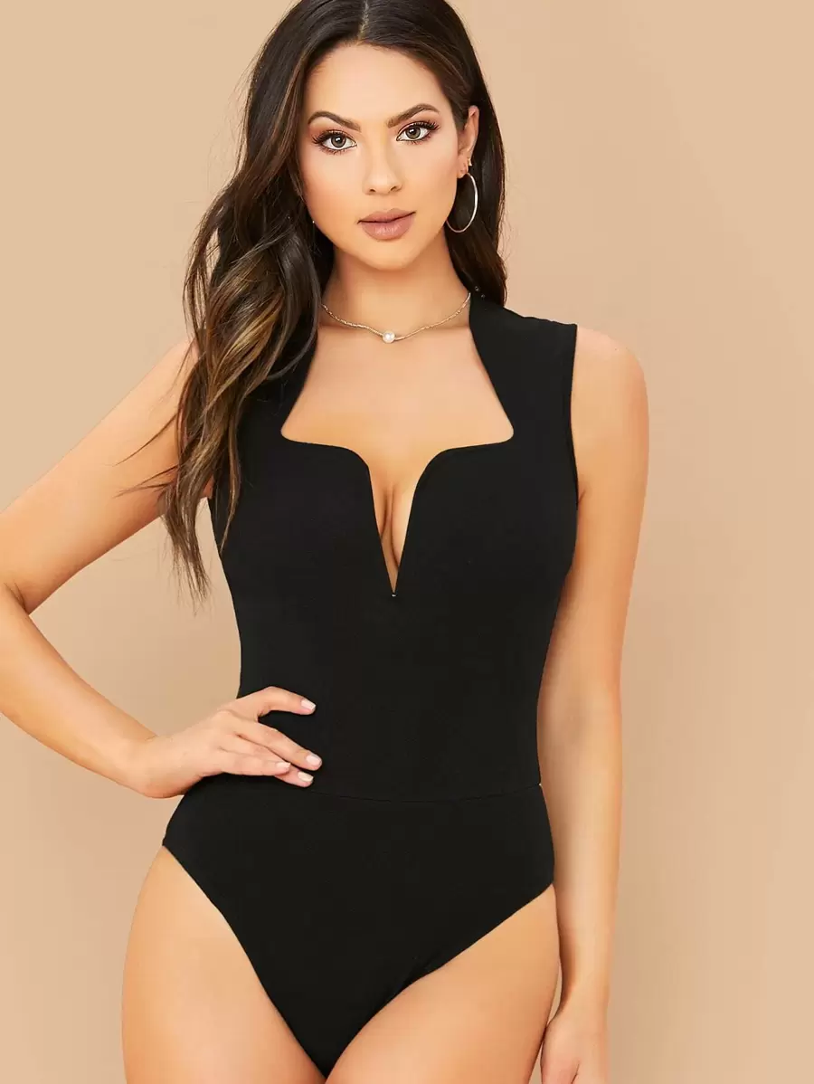Silquee Notched Neck Solid Sleeveless Bodysuit - Black - View 1